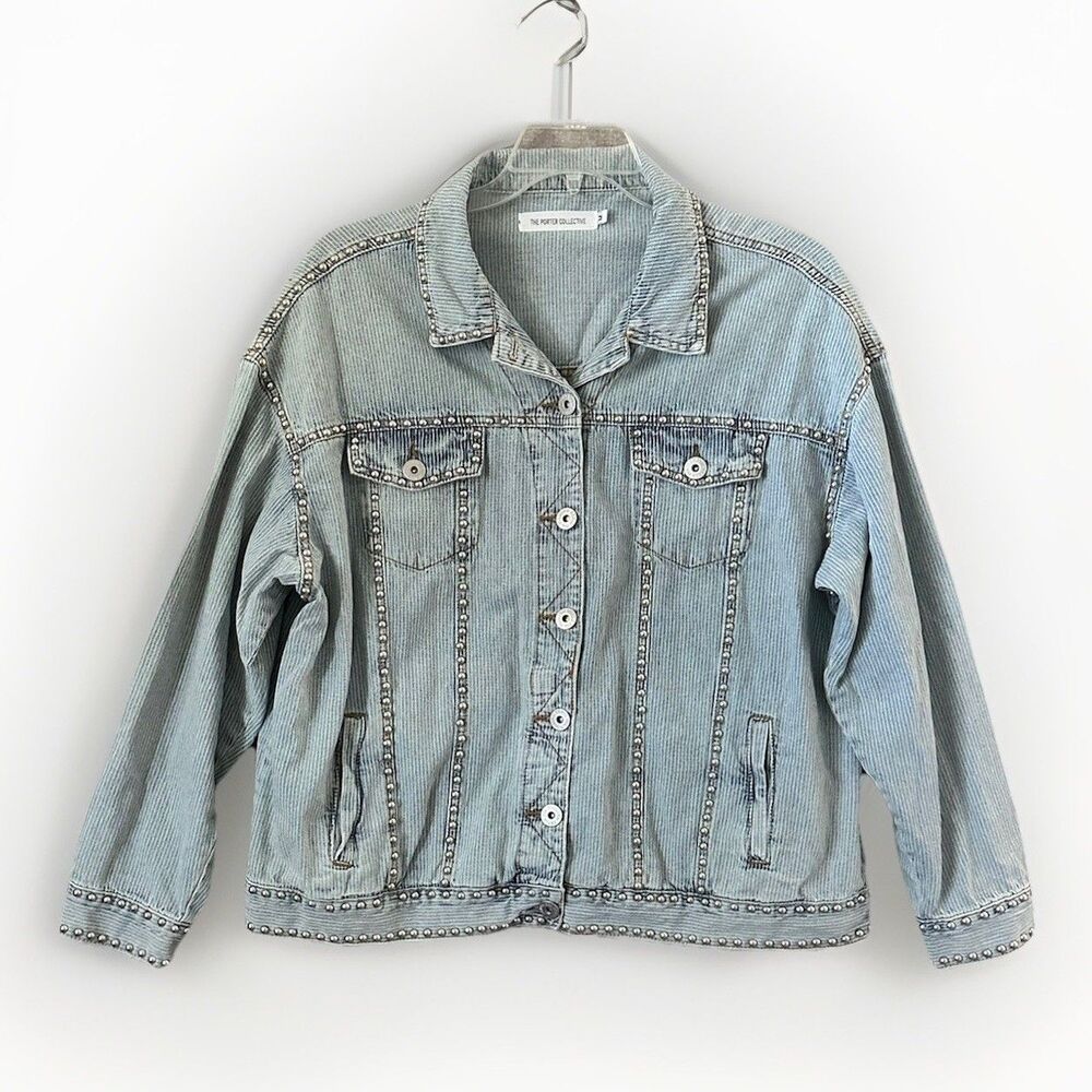 The Porter Collective Denim Jacket Women's M Oversized Studded Railroad Stripe